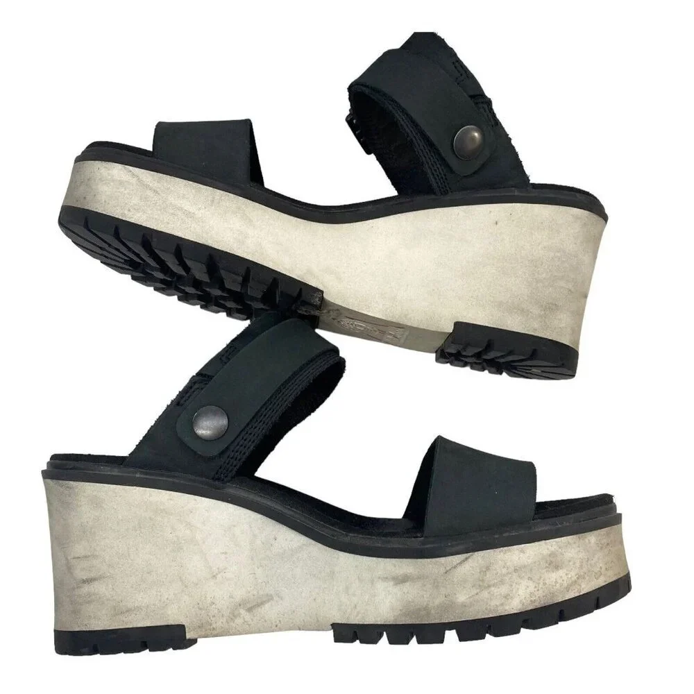 TIMBERLAND Women Platform Size 8 Black Koralyn Buckle Wedge Leather Sandals